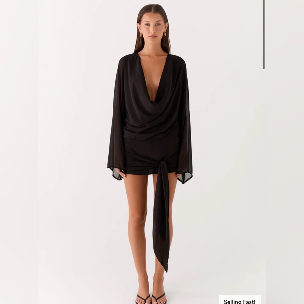 Peppermayo Black Draped V-Neck Swim Coverup with Tie Front